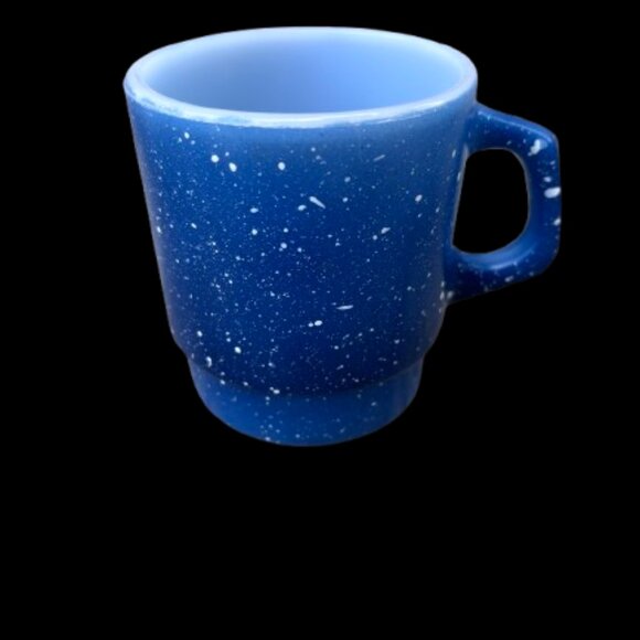 Vintage Anchor Hocking Fire King Blue White Speckled Stackable D-Handle Mug - Picture 1 of 3
